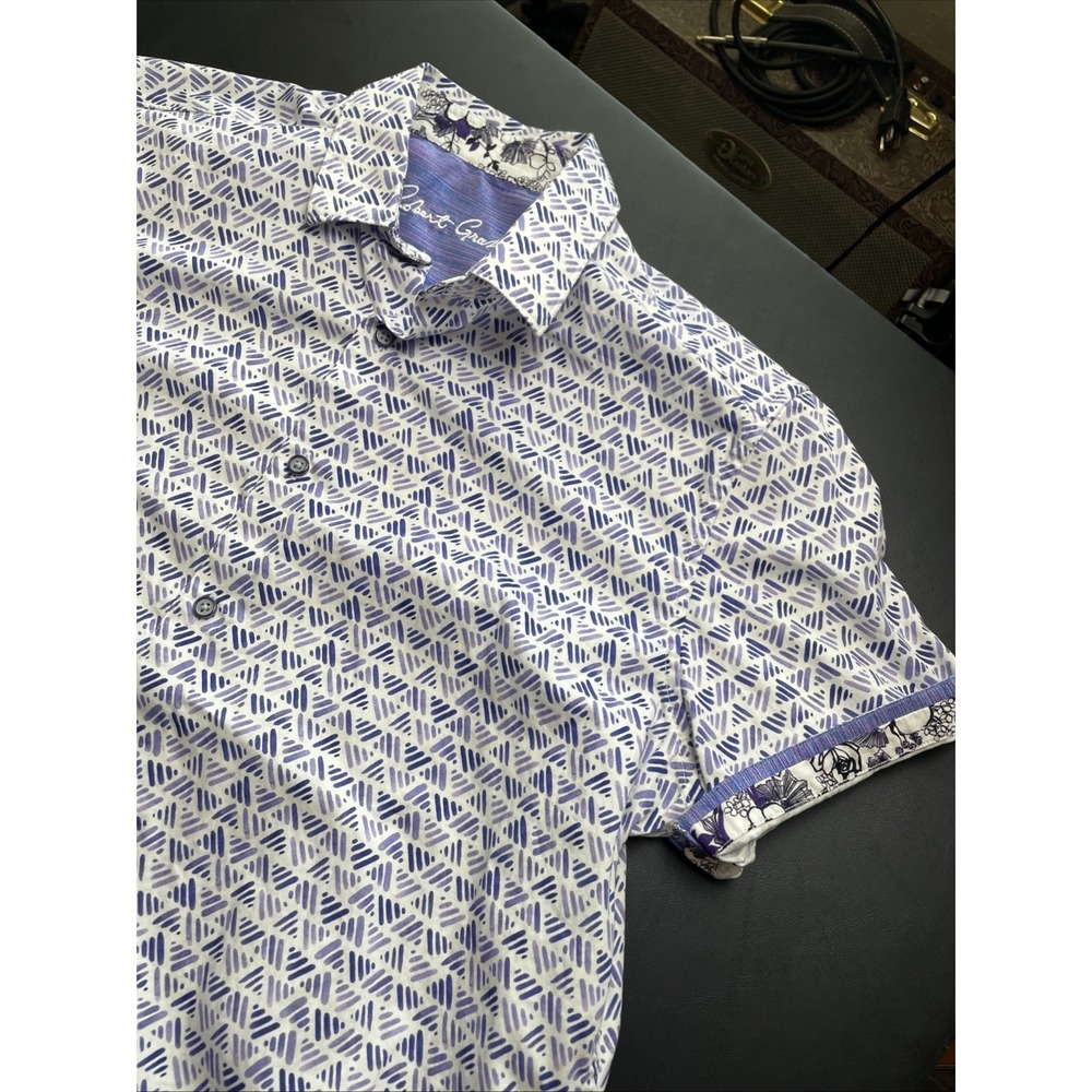 Robert Graham Purple White Geometric Short Sleeve Large Flip Cuff. Perfect!